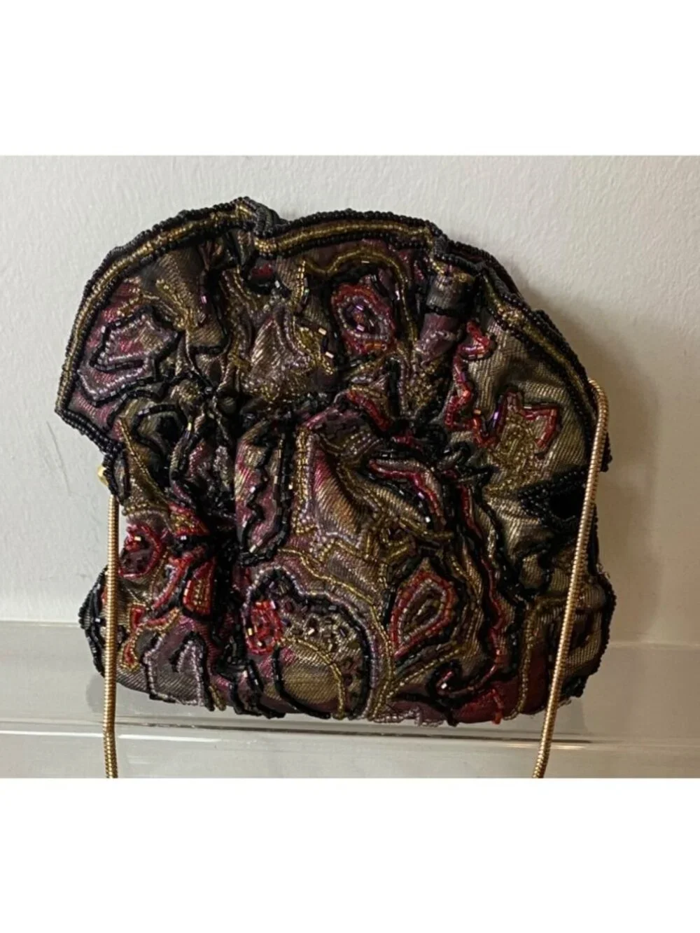 Beaded Evening Bag Gold Chain Strap Multicolored Paisley Design Snap Closure